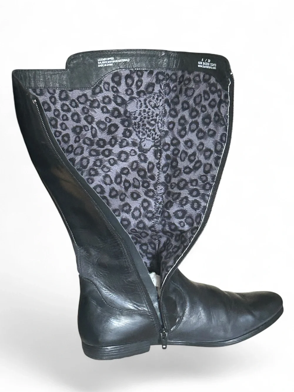 BORN Black Leather Knee-High Riding Boots Leopard Fur Lined Size 8